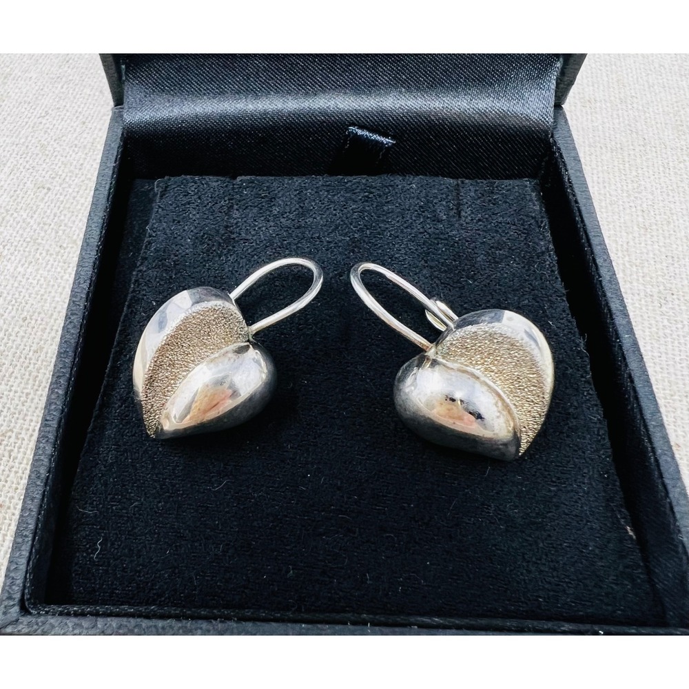 Sterling Silver Textured Puffy Heart Leverback Drop Earrings